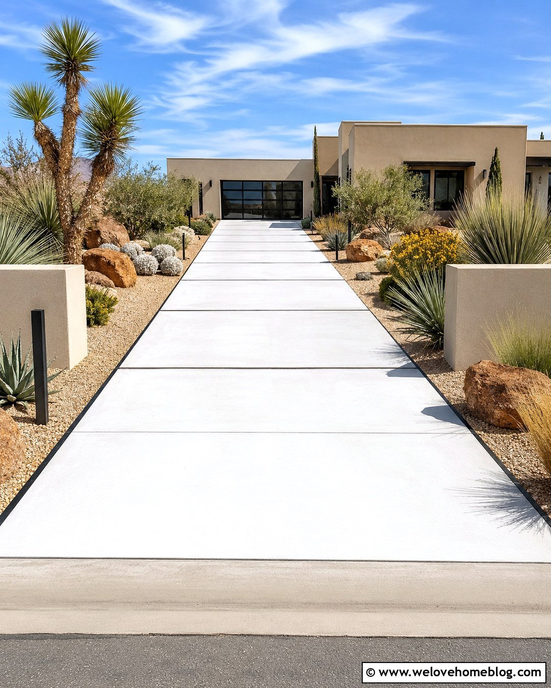 Long White Concrete Driveway With Desert Landscaping - 20 Long Concrete Driveway Ideas