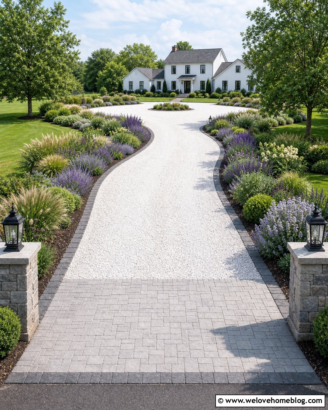 Long White Gravel Driveway With Lavender Borders - 25 Long Driveway To A Big White House Ideas
