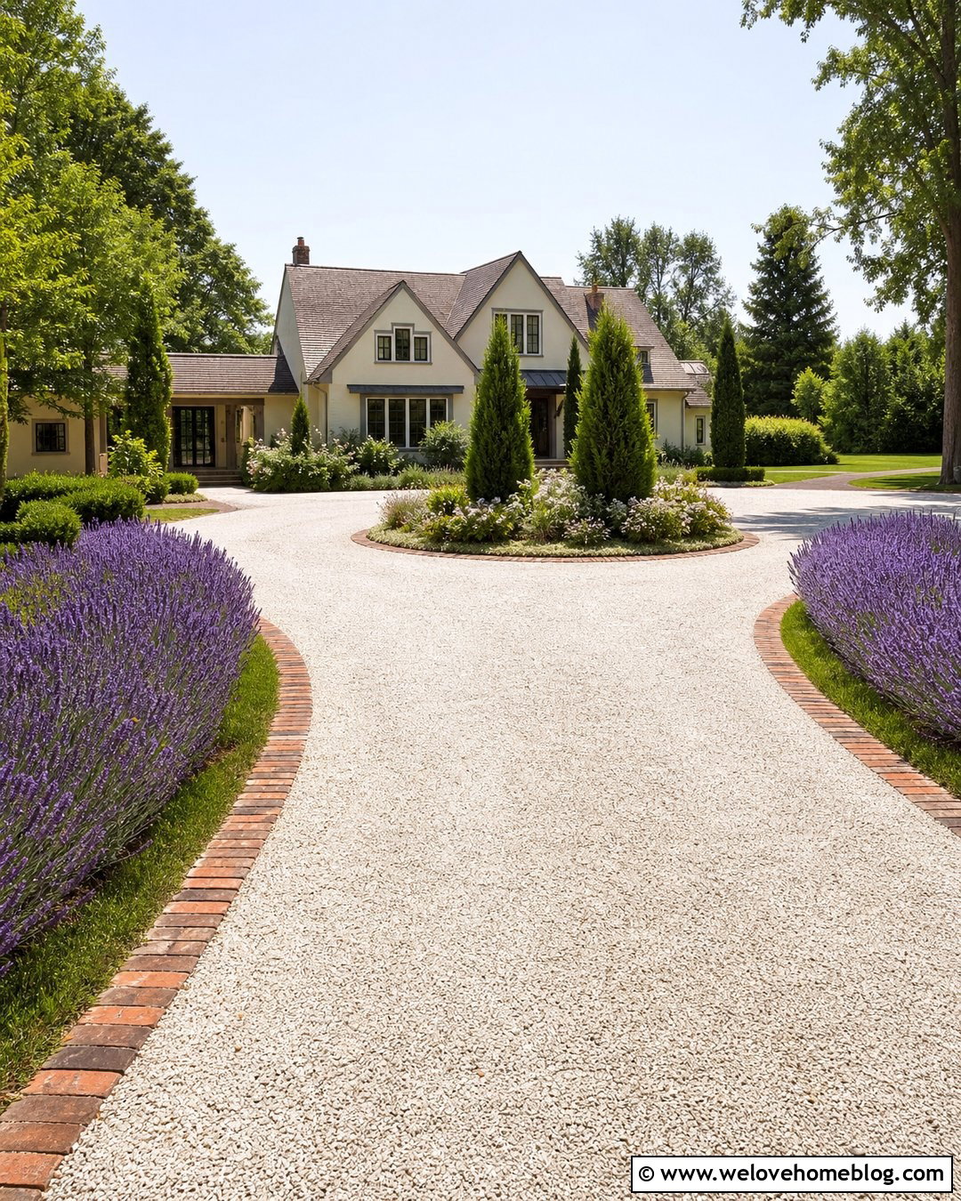 Long White Gravel Driveway With Lavender - 20 Driveways For Long Ideas