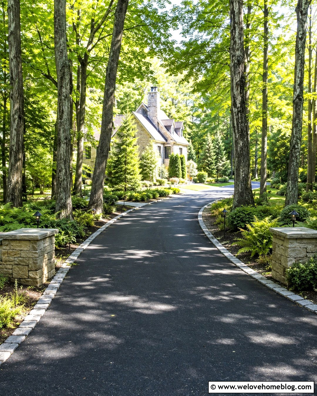 Long Wooded Driveway With Tree Uplighting - 20 wooded driveway landscaping ideas
