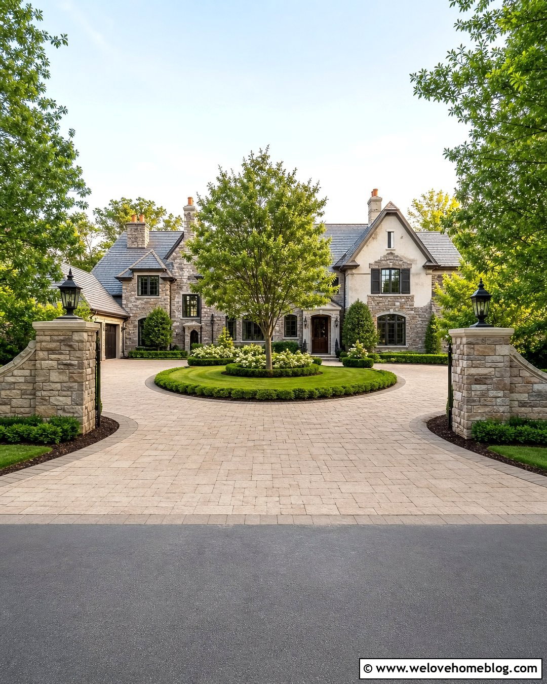Loop Driveway With Stone Gate Pillars - 25 Loop Driveway Ideas