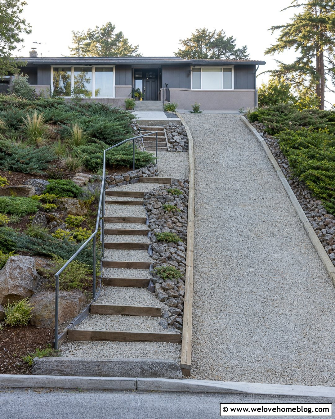 Low Cost Gravel Steps Beside a Driveway - 20 Steep Driveway Steps Ideas