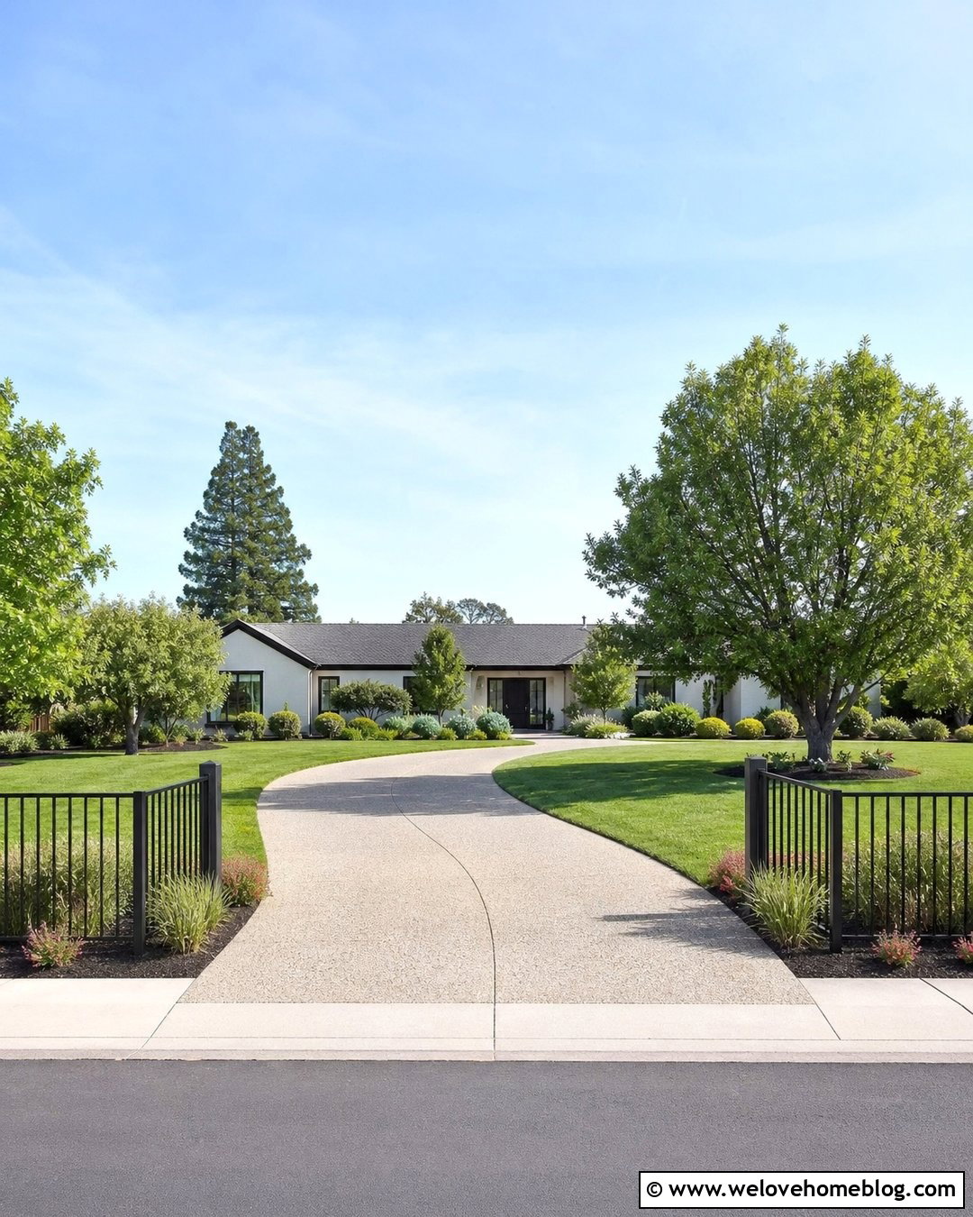 Low Driveway Entry Fence With Open Lawn - 20 Driveway Entry Fence Ideas
