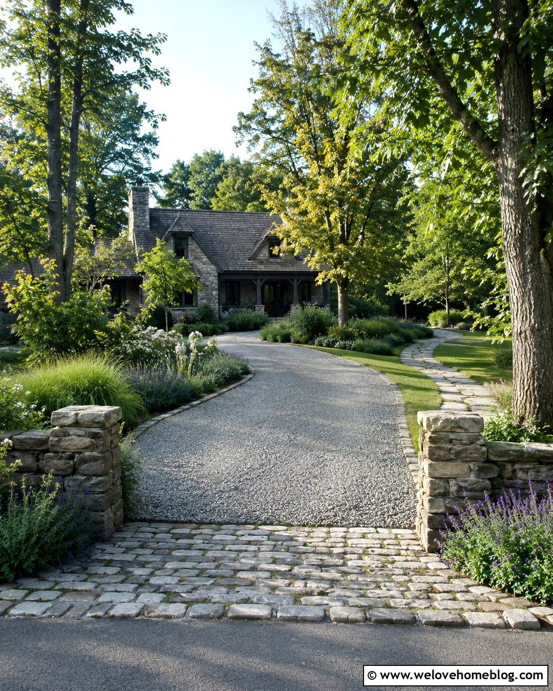 Low Fieldstone Wall Gravel Driveway Entrance - 20 Driveway Wall Entrance Ideas