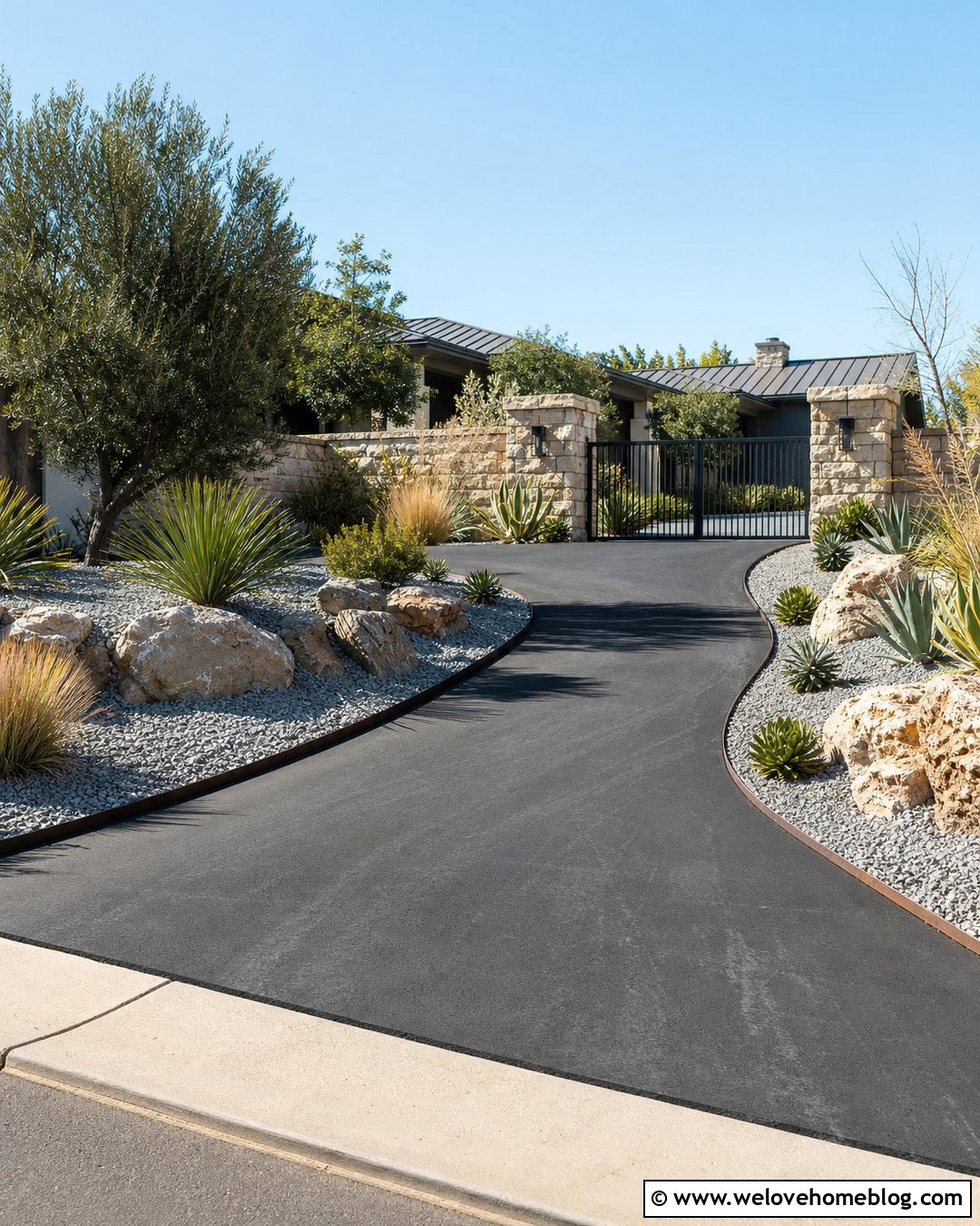 Low Maintenance Acreage Driveway Entrance With Gravel Beds - 30 Acreage Landscaping Driveway Entrance Ideas