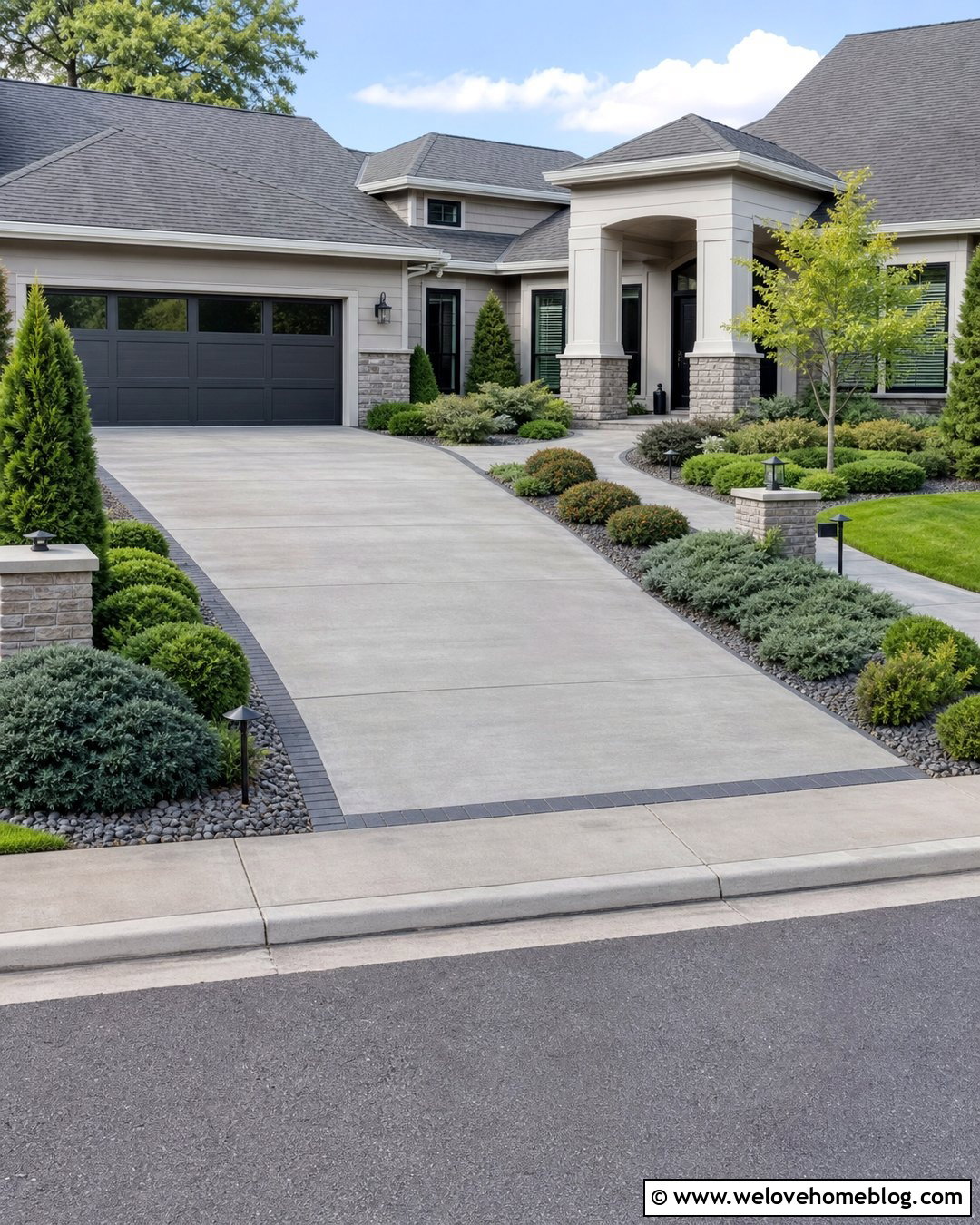 Low Maintenance Driveway Entry With Evergreens - 35 Driveway Entry Landscaping Ideas