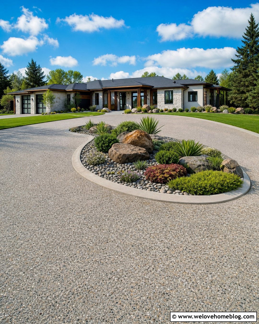 Low Maintenance Driveway Island With River Rock - 25 Driveway Island Landscaping Ideas