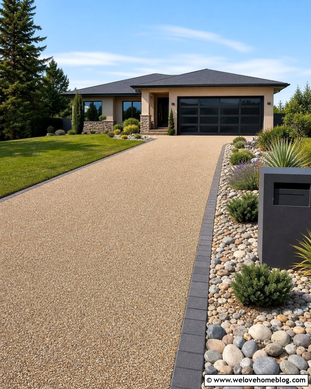 Low Maintenance Driveway Side Garden With River Rock - 20 Driveway Side Garden Ideas