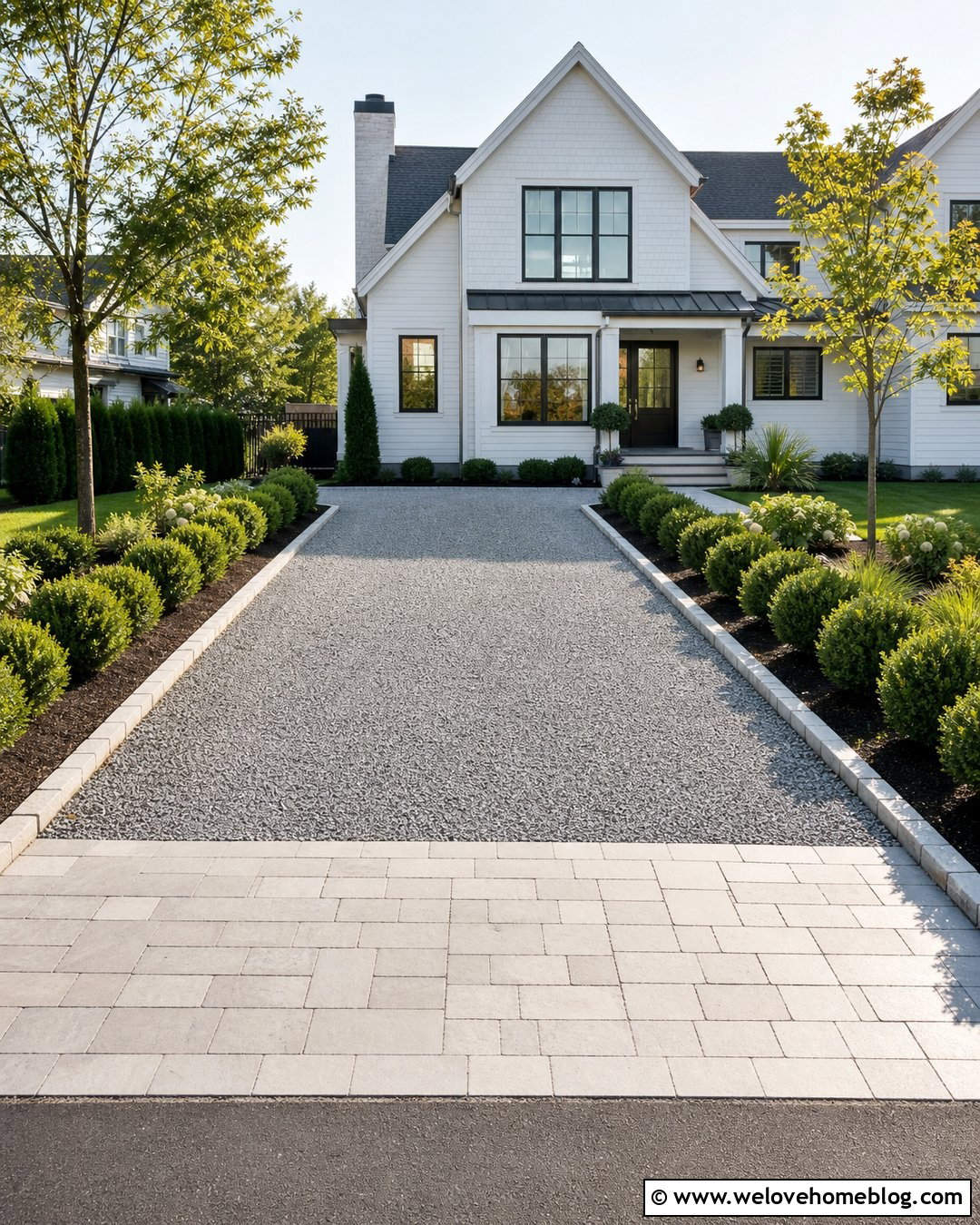 Low Maintenance Pebble Driveway With Evergreen Borders - 35 Pebble Driveway Ideas