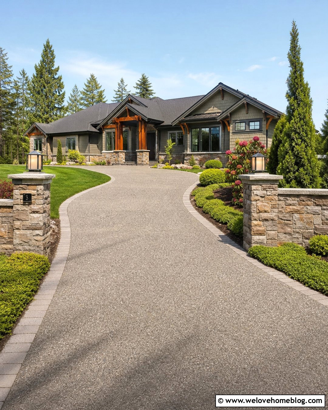 Low Stone Fence Lined Exposed Aggregate Driveway - 20 Fence Lined Driveway Ideas