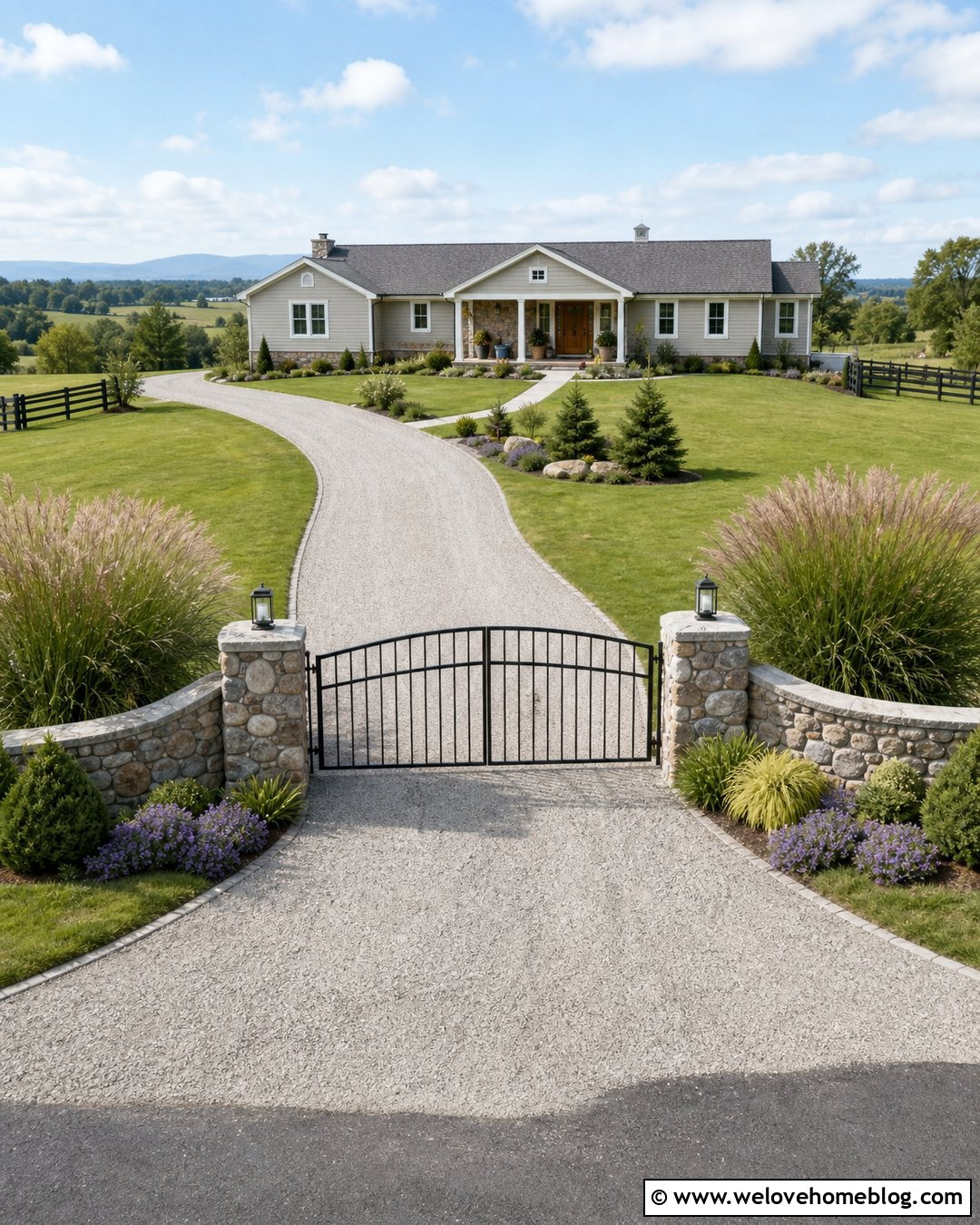 Low Stone Wall Driveway Gate