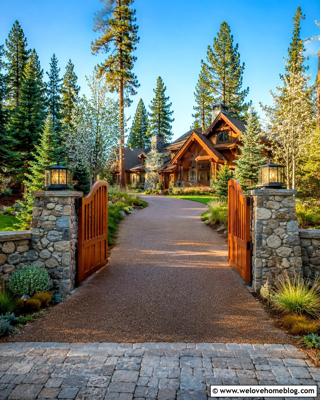 Luxury Cabin Driveway Entrance With Timber and Stone - 20 Cabin Driveway Entrance Ideas