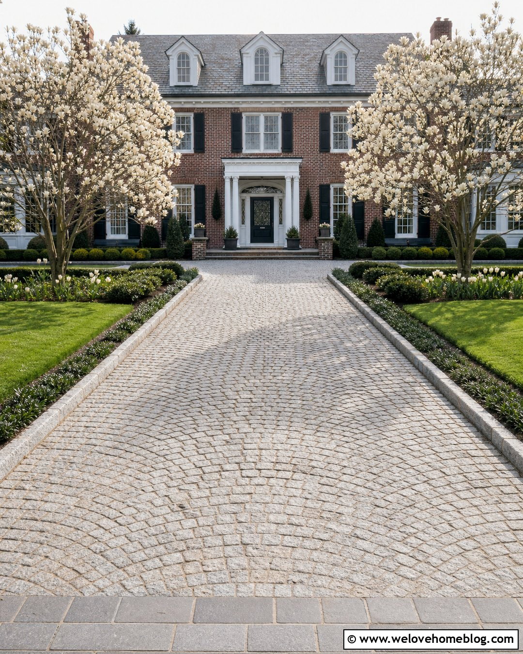 Magnolia Tree Lined Cobblestone Driveway