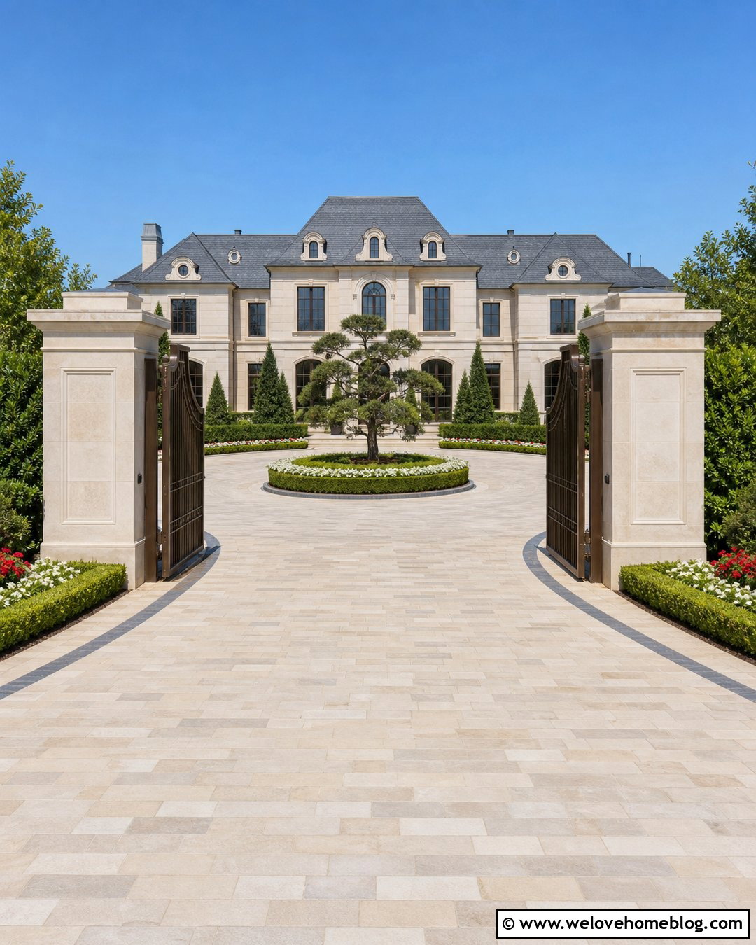 Mansion Driveway Entrance With Limestone Pavers - 25 mansion driveway entrance ideas