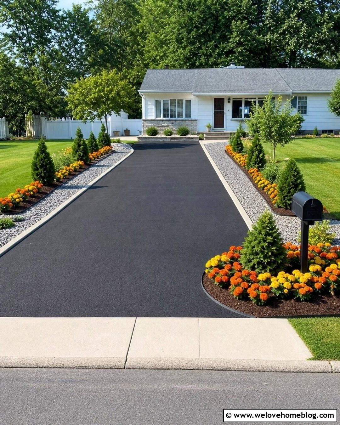 Marigold Lined Budget Driveway - 25 flower lined driveway ideas