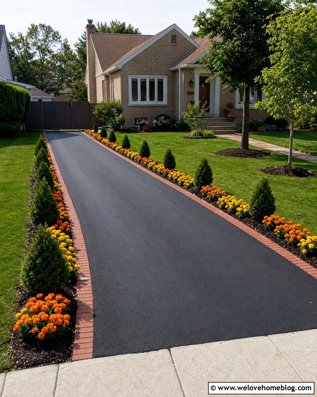 Marigolds Along a Narrow Asphalt Driveway - 25 flowers along driveway ideas