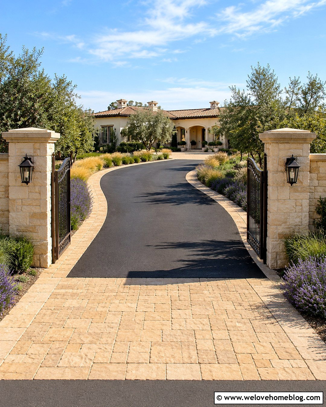 Mediterranean Asphalt Driveway Entrance With Stone Walls - 20 Mediterranean Driveway Entrance Ideas