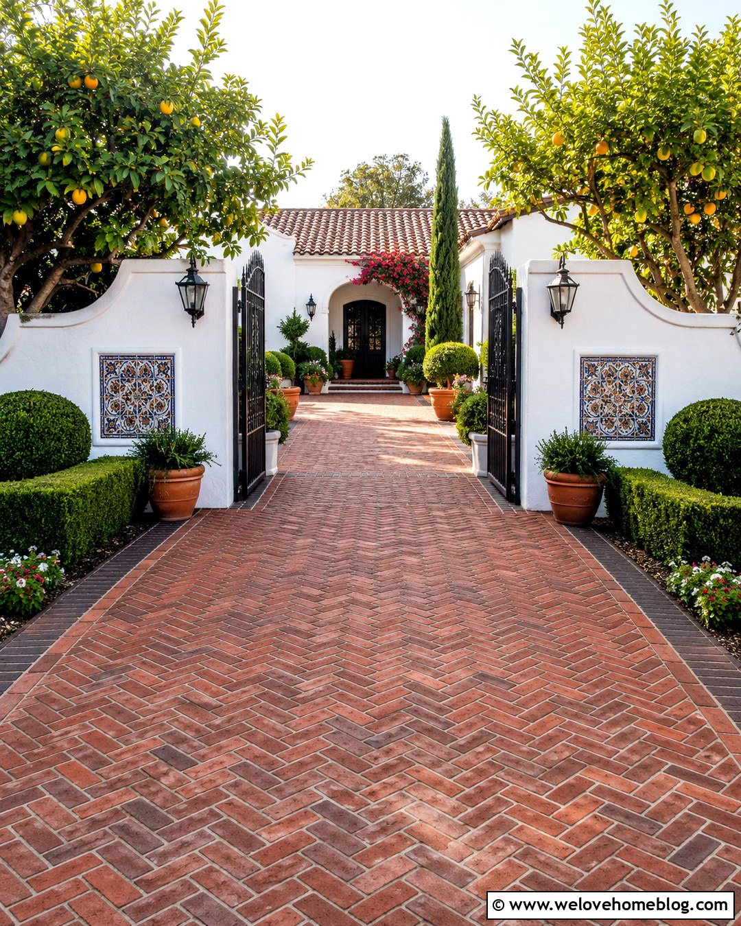 Mediterranean Brick Driveway Entrance With Courtyard Wall - 20 Mediterranean Driveway Entrance Ideas