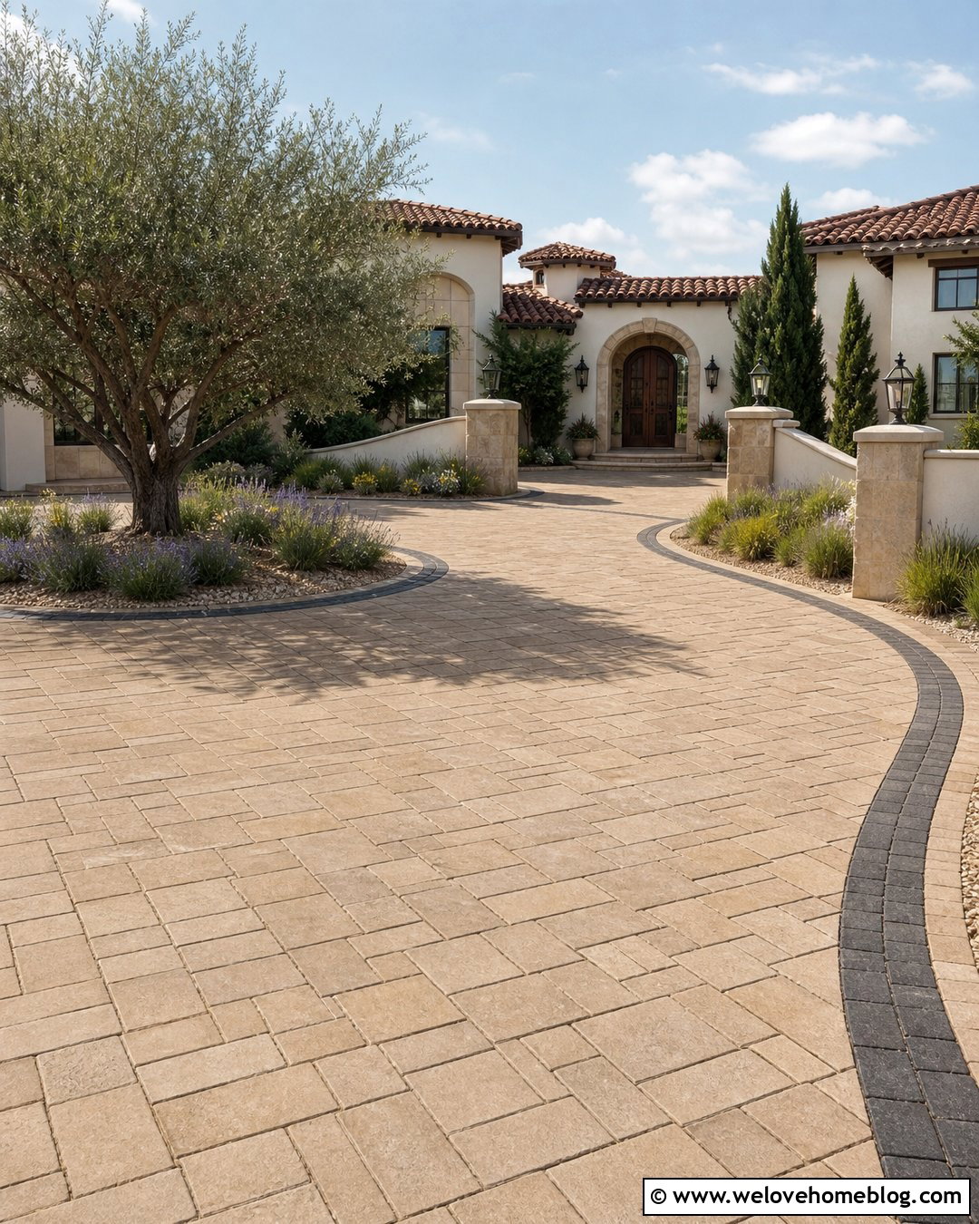 Mediterranean Circular Driveway With Stone Pavers - 45 Circular Driveway Ideas