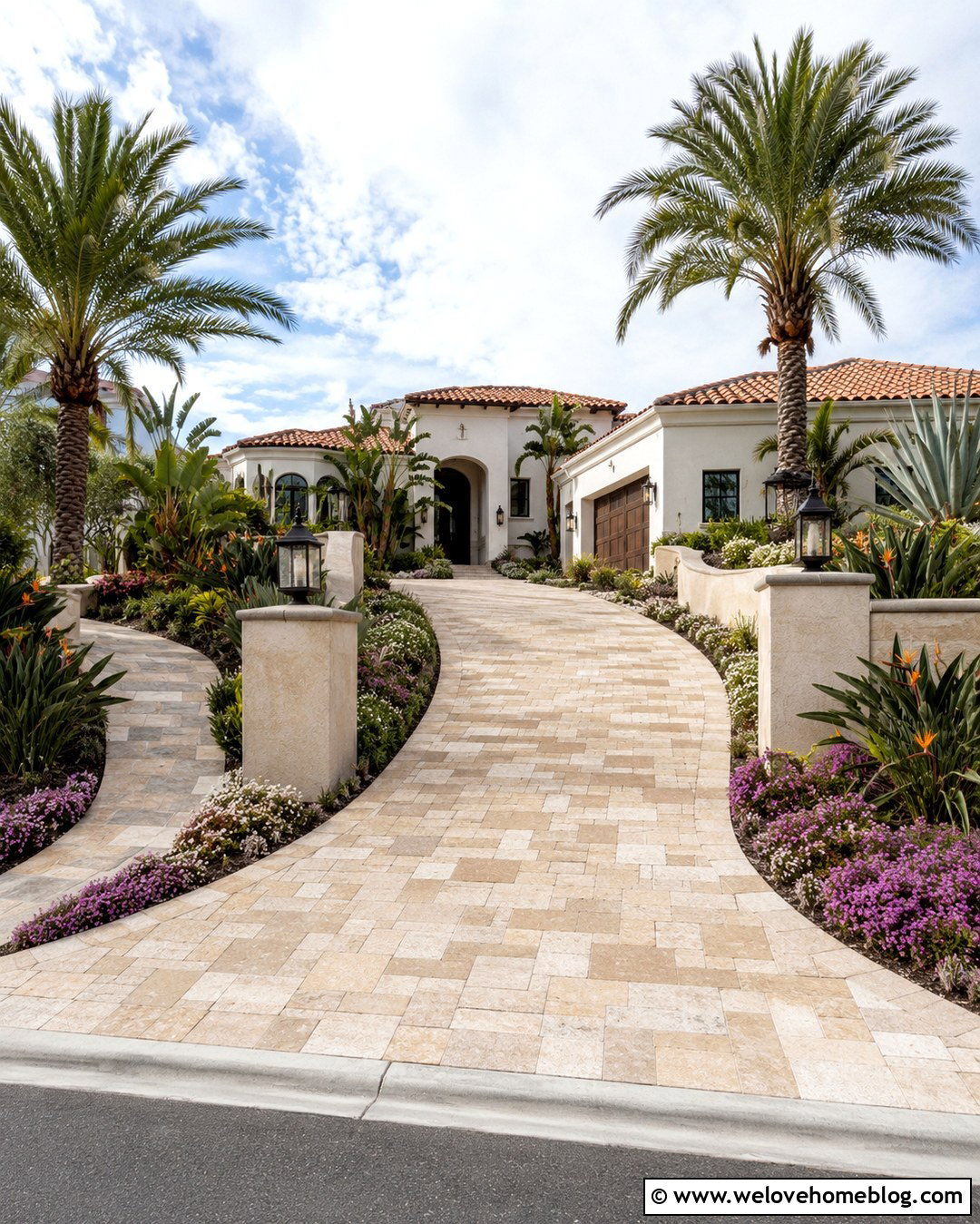 Mediterranean Curved Paver Entrance With Palm Trees - 20 Mediterranean Driveway Entrance Ideas