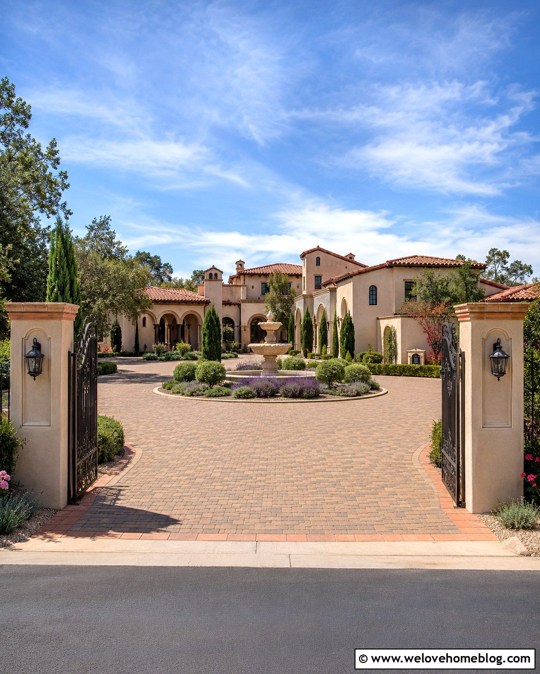 Mediterranean Driveway Entrance With Fountain Island - 20 Mediterranean Driveway Entrance Ideas