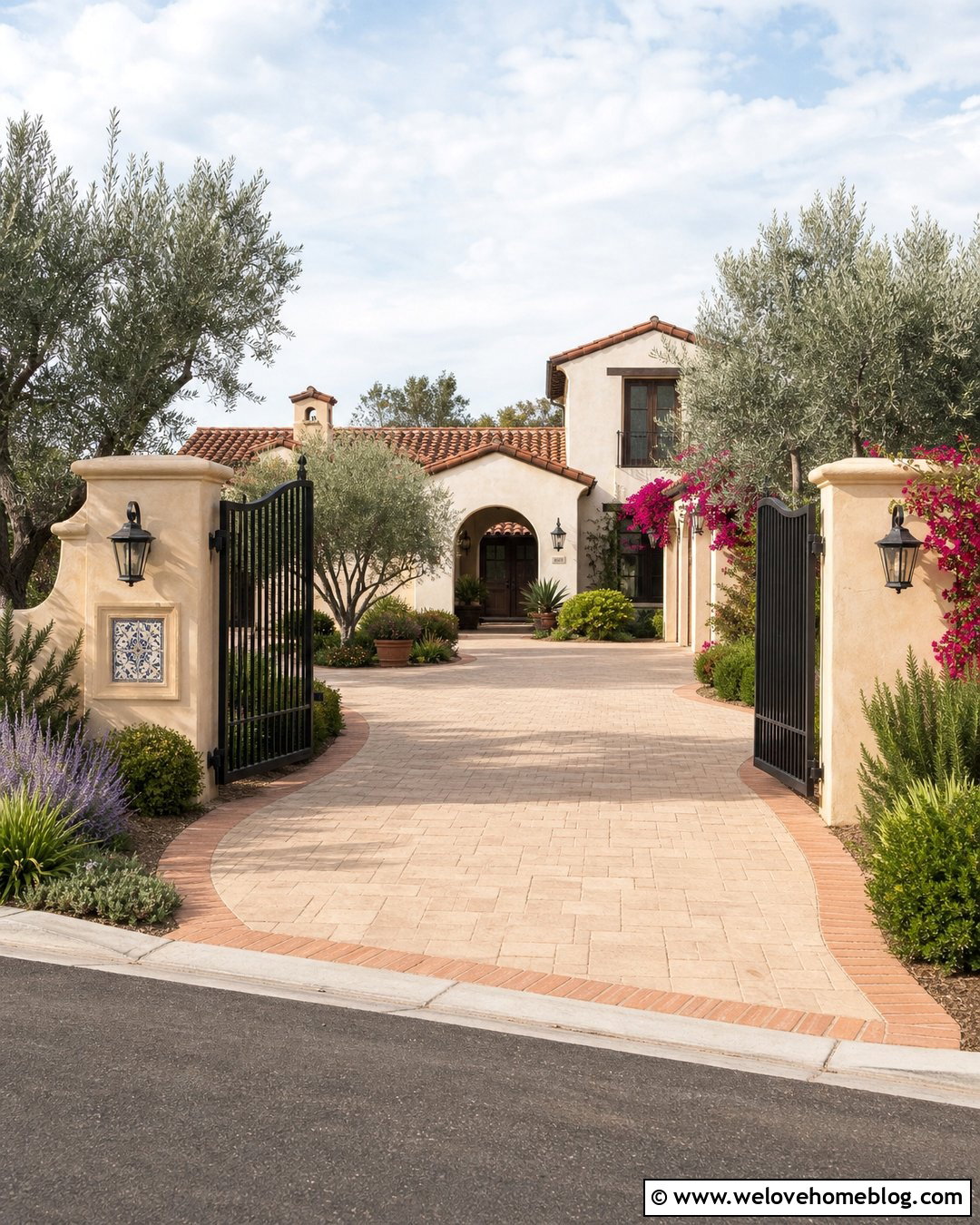 Mediterranean Driveway Entrance With Stucco Columns - 25 Luxury Driveway Entrance Ideas