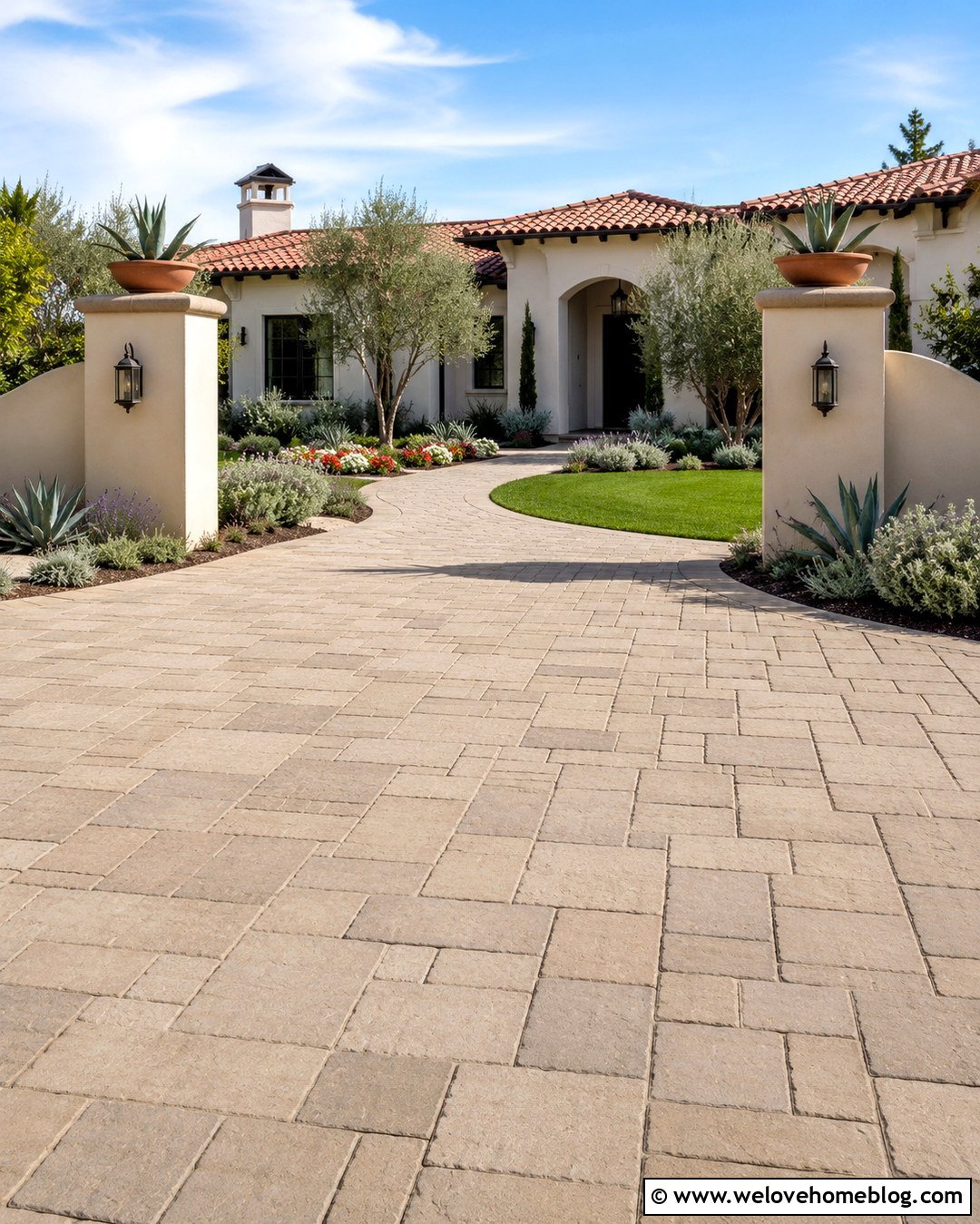 Mediterranean Driveway Entrance With Stucco Pillars - 20 Mediterranean Driveway Entrance Ideas