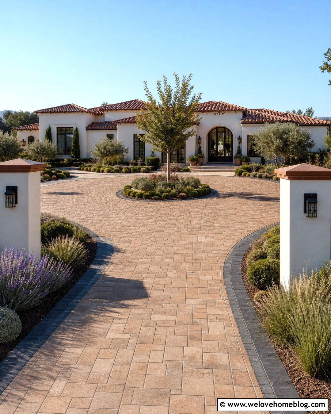 Mediterranean Driveway With Tan Pavers - 35 House Driveway Ideas