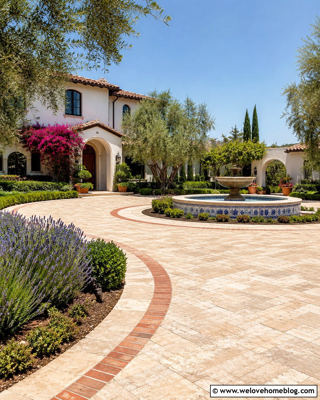 Mediterranean Driveway With Tile Fountain - 20 Water Fountain Driveway Ideas