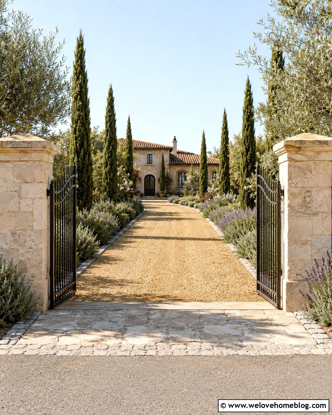 Mediterranean Gravel Driveway Entrance With Cypress Trees - 20 Mediterranean Driveway Entrance Ideas