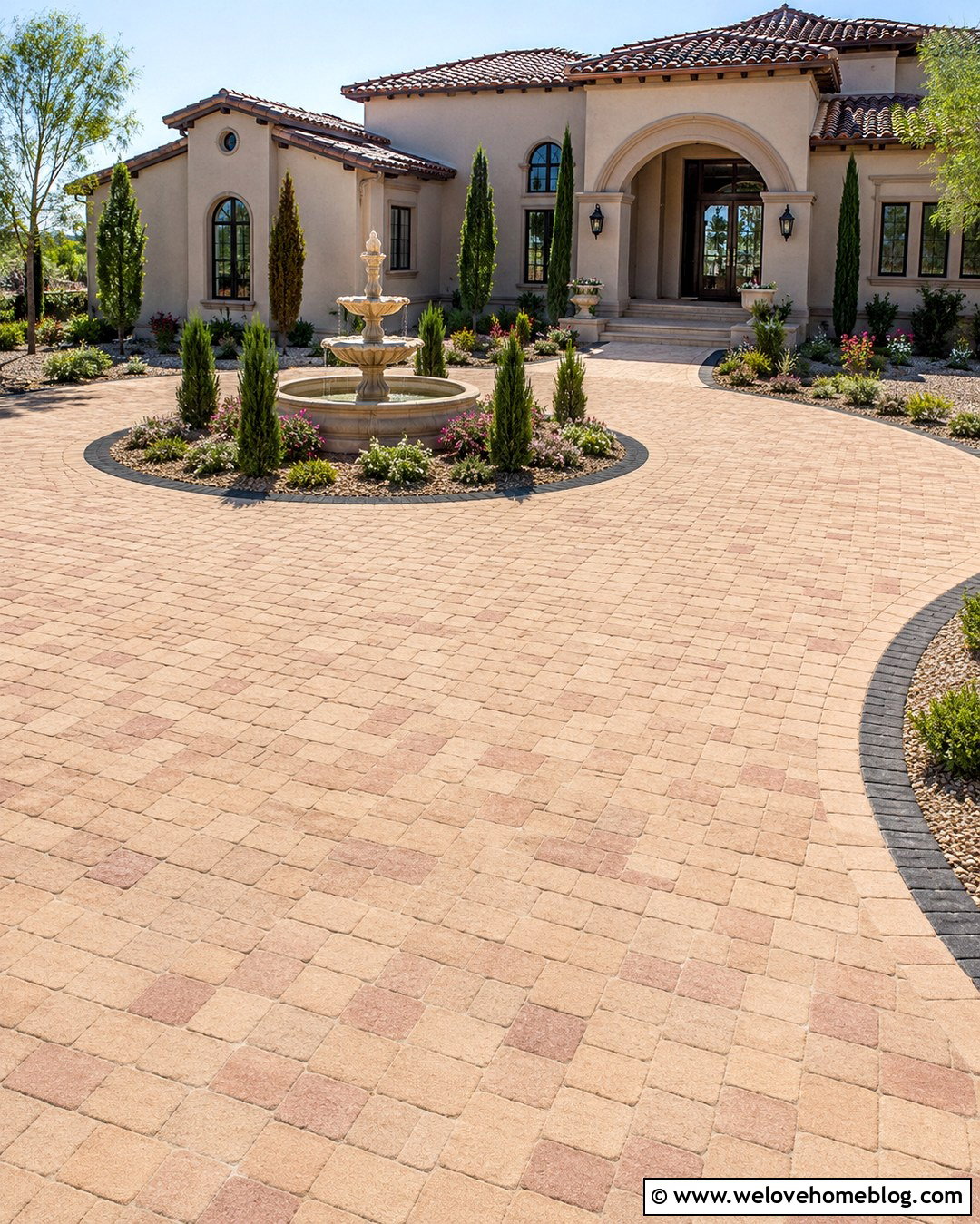 Mediterranean Paver Driveway With A Fountain - 20 Large Front Driveway Ideas