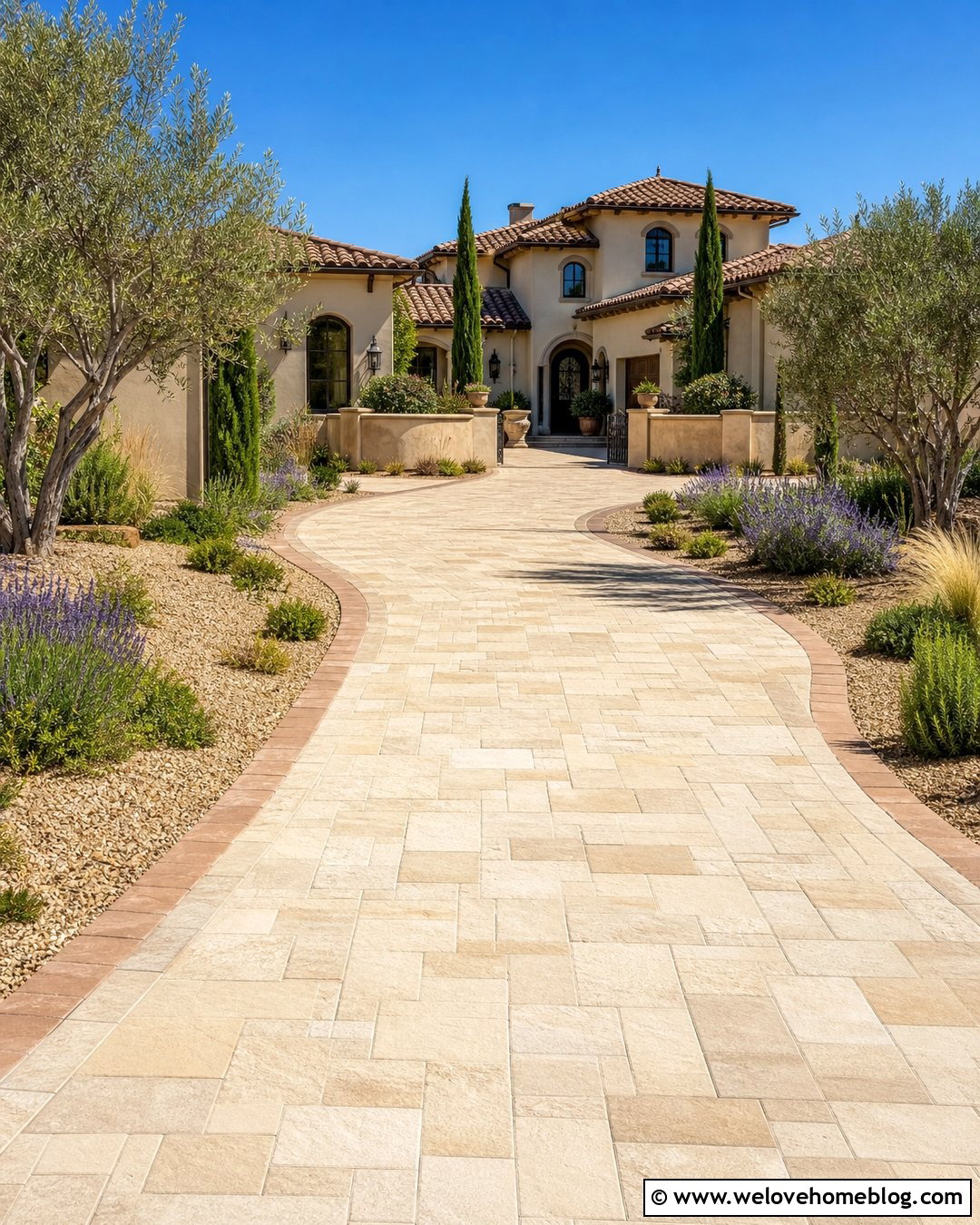 Mediterranean Paver Driveway With Drought Tolerant Landscaping - 20 Paver Driveway Curb Appeal Ideas