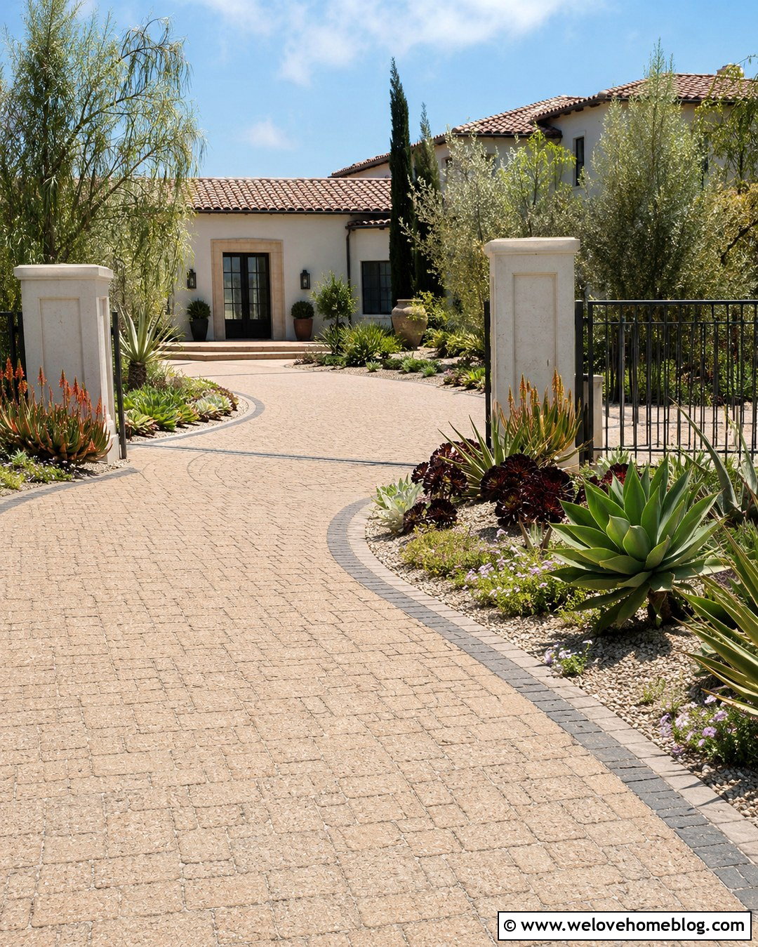 Mediterranean Permeable Paver Entrance With Succulent Beds