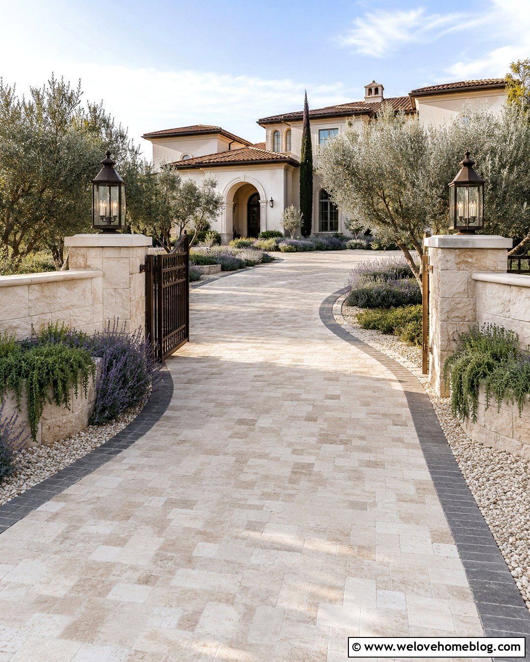 Mediterranean Travertine Driveway Entrance With Olive Trees - 20 Mediterranean Driveway Entrance Ideas