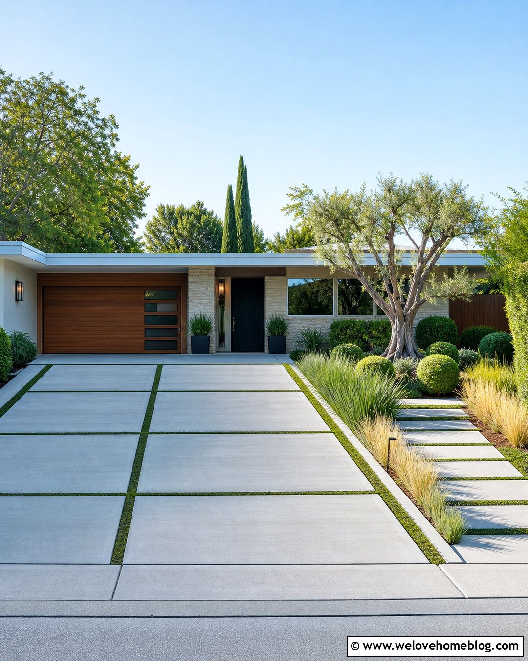 Mid Century Concrete Driveway With Grass Joints - 25 Mid Century Driveway Ideas