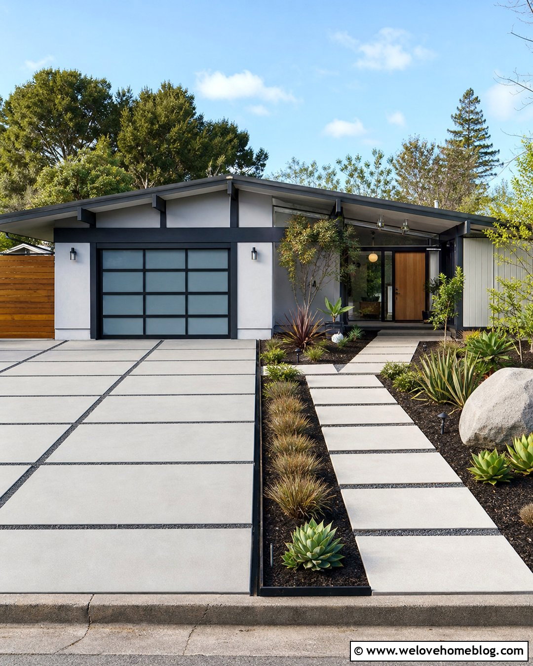 Mid Century Concrete Paver Driveway With Black Gravel - 25 Mid Century Driveway Ideas