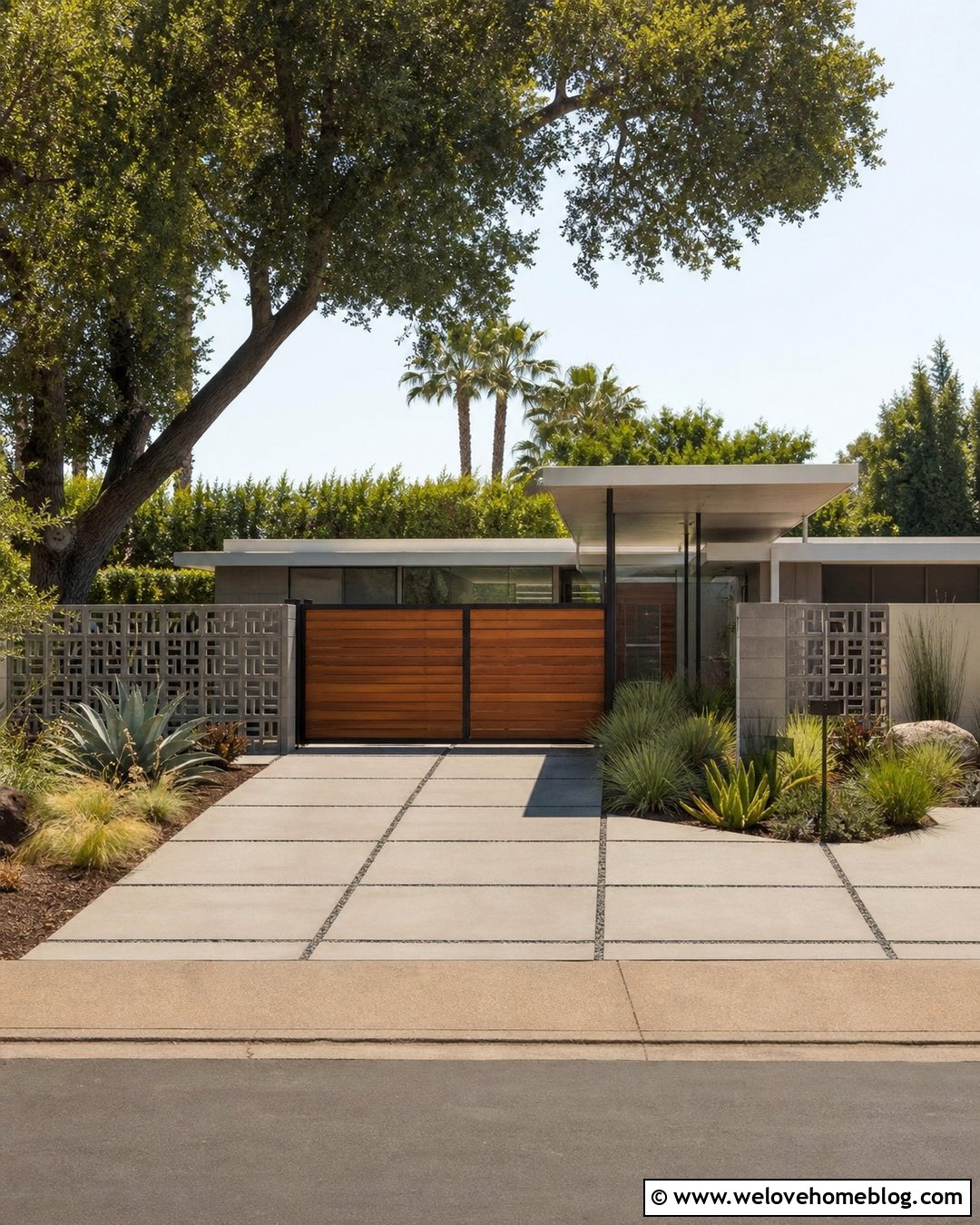 Mid Century Gate With Breeze Block Walls - 30 Modern Gated Driveway Entrance Ideas