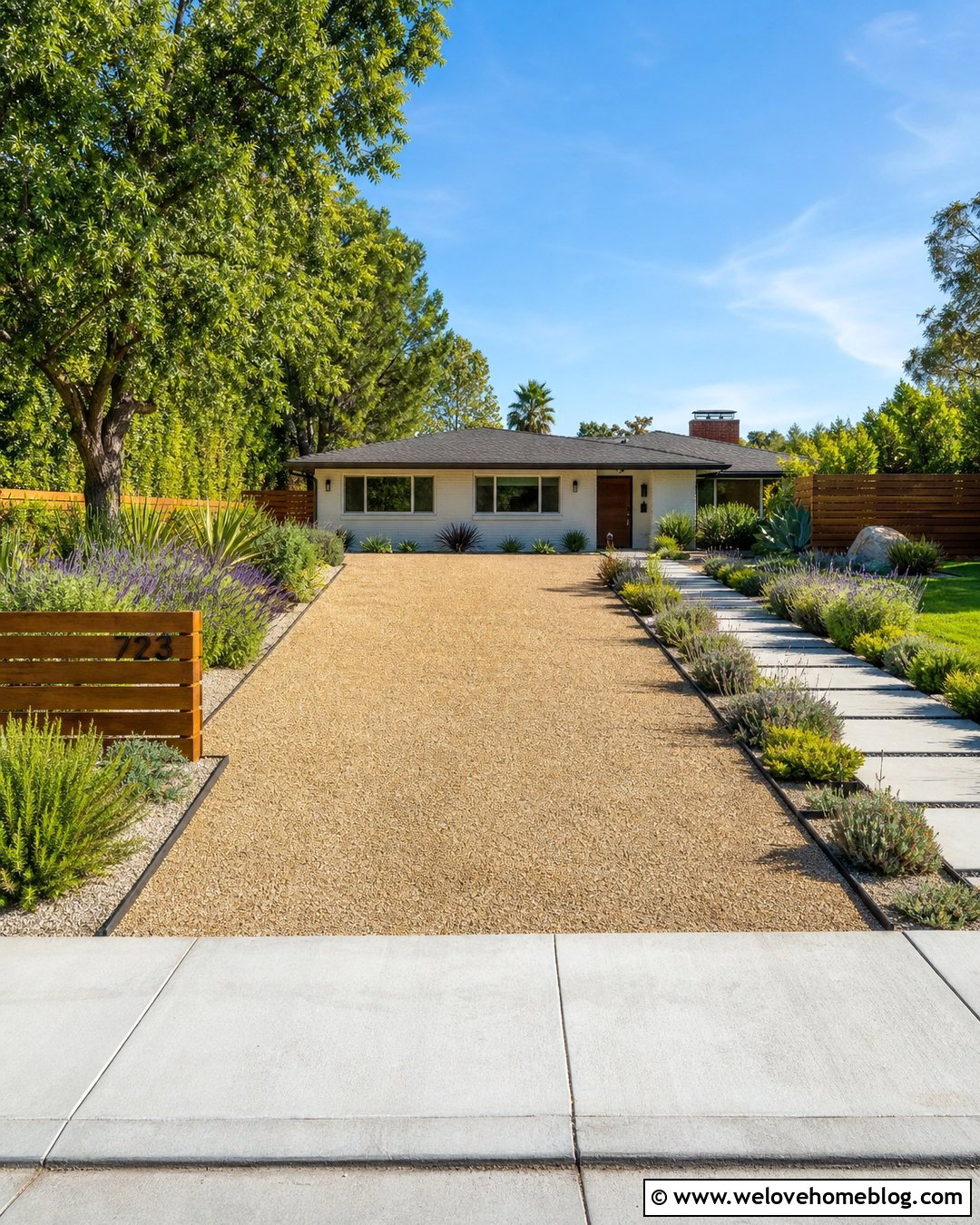 Mid Century Pea Gravel Driveway With Steel Edging - 25 Mid Century Driveway Ideas