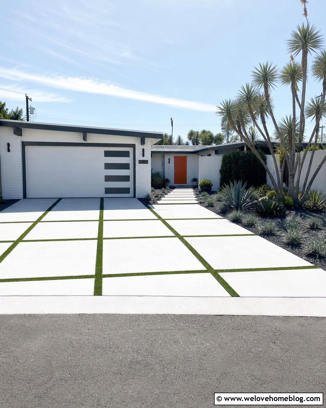 Mid Century White Concrete Driveway With Checkerboard Panels - 20 White Concrete Driveway Ideas