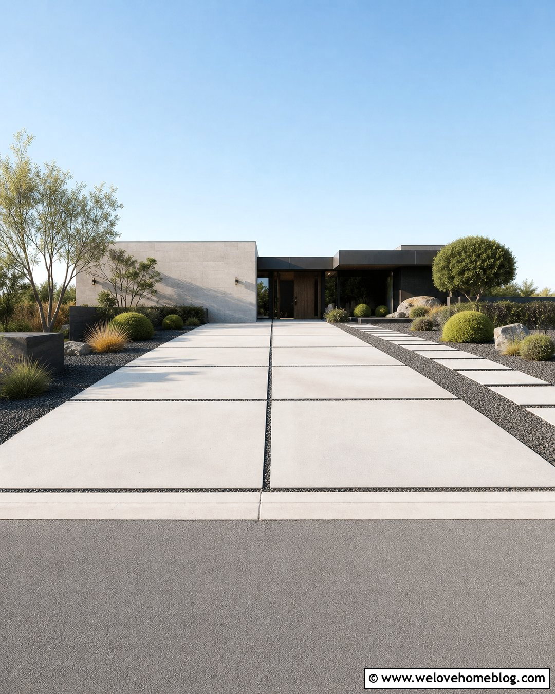 Minimalist Cement Driveway With Gravel Joints - 35 Cement Driveway Ideas