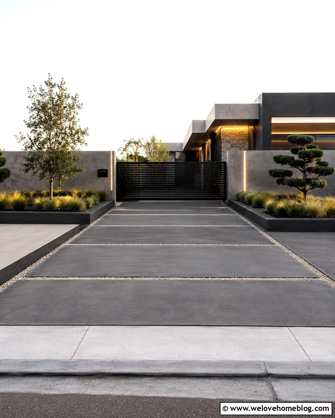 Minimalist Concrete Gate Entrance With Horizontal Slats - 20 Private Gated Driveway Entrance Ideas
