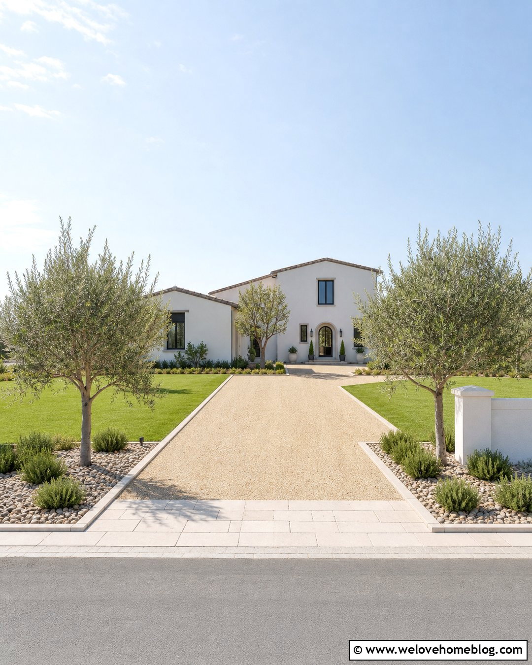 Minimalist Driveway Entrance With Olive Trees - 20 Minimalist Driveway Entrance Ideas