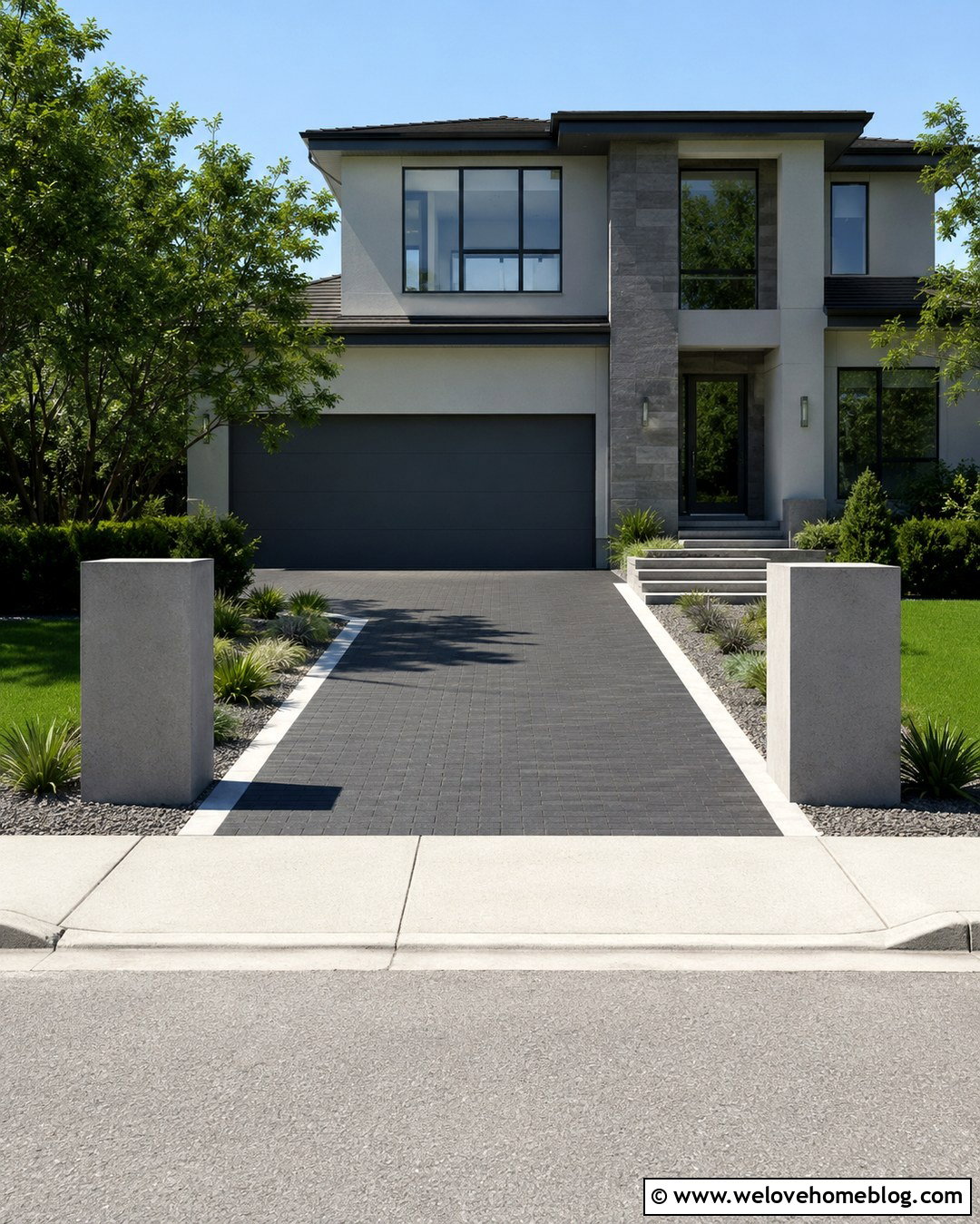 Minimalist Driveway With Concrete Pillars - 20 Minimalist Driveway Ideas
