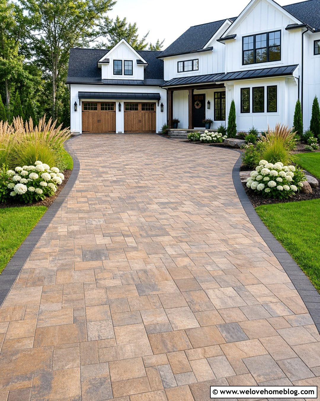 Mixed Brown Paver Driveway For A Modern Farmhouse - 20 Brown Pavers Driveway Ideas