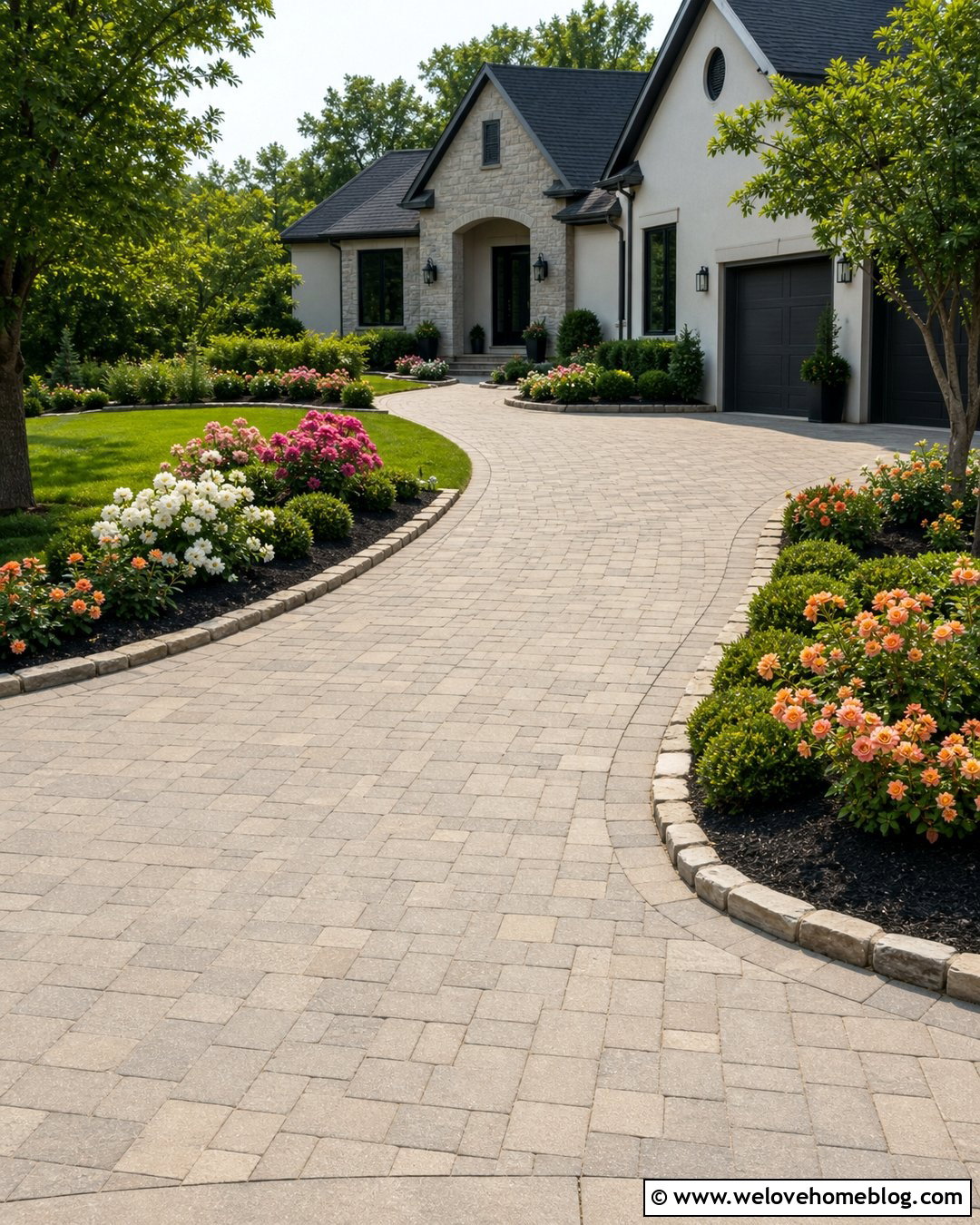 Mixed Color Roses Along A Paver Driveway - 20 Roses Along Driveway Ideas