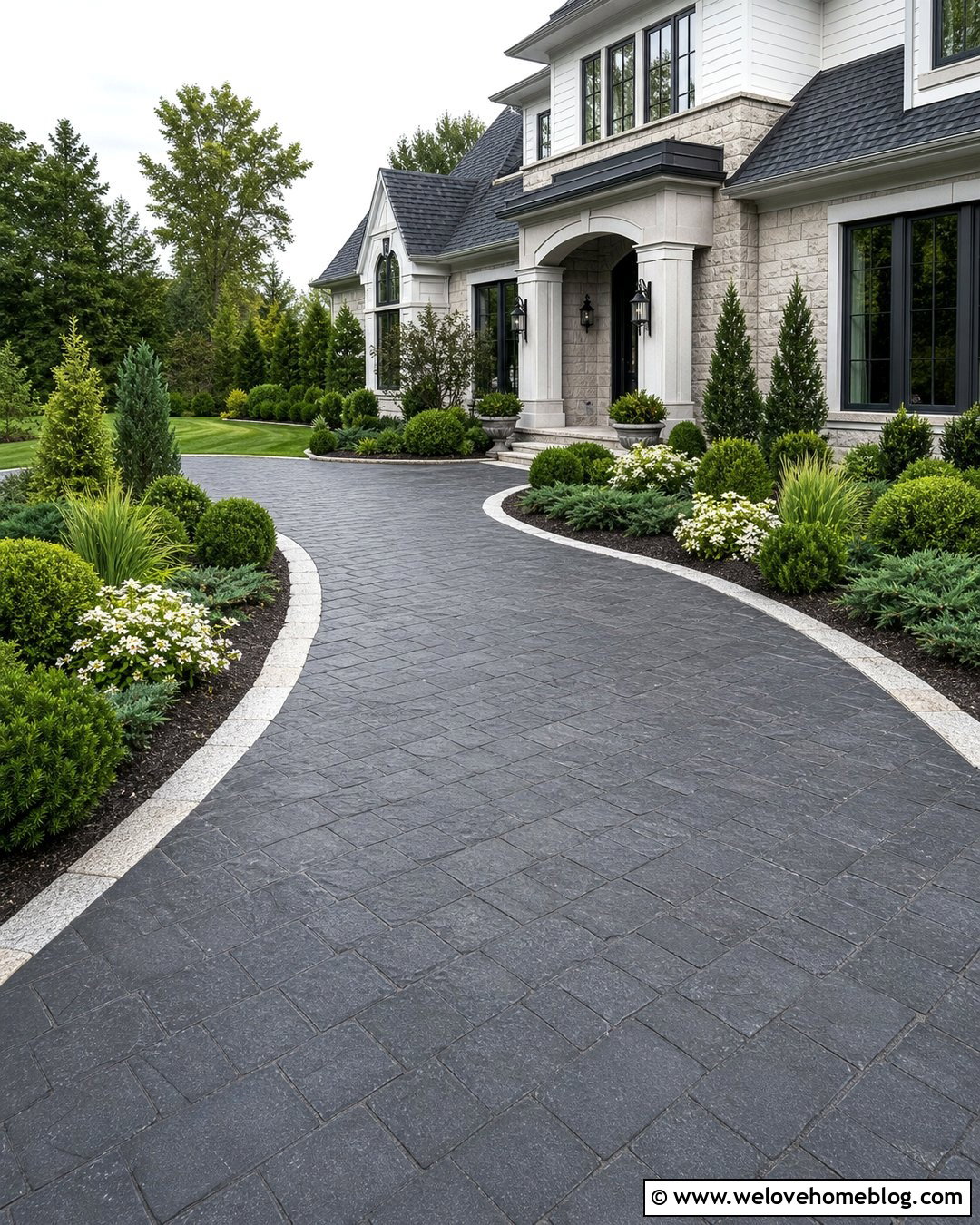 Mixed Evergreen Shrubs Along A Paver Driveway - 25 Driveway Shrubs Ideas
