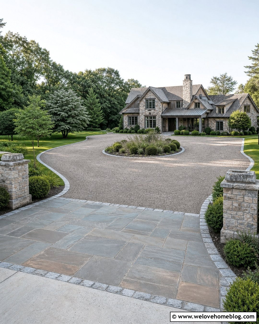 Mixed Flat Stone Driveway With Gravel Courtyard