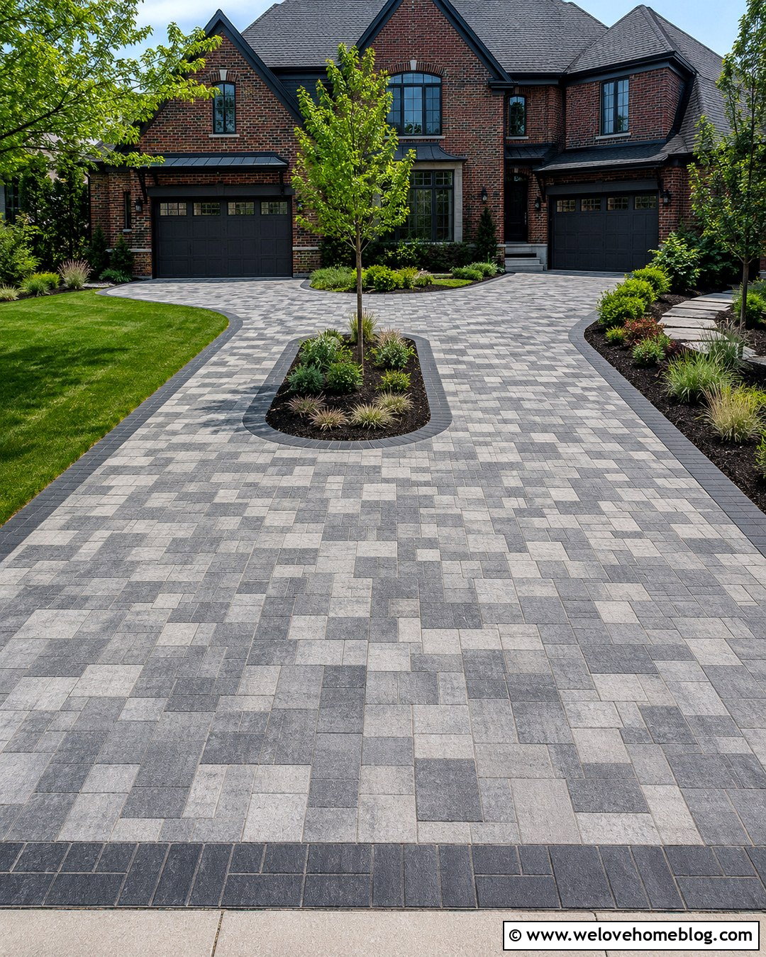 Mixed Gray Paver Driveway With Black Border - 20 Driveway Colours Ideas