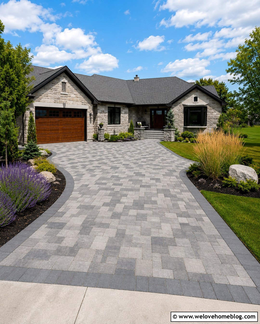 Mixed Gray Paver Driveway With Random Pattern - 20 Gray Paver Driveway Design Ideas