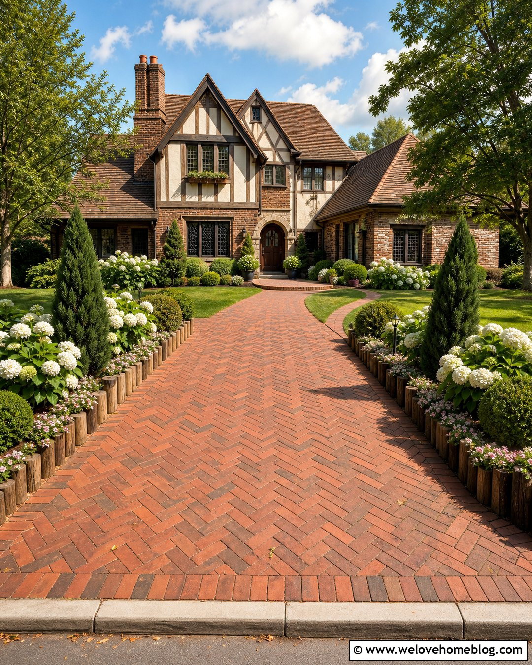 Mixed Height Log Driveway Edging With Brick Pavers - 20 log driveway edging ideas